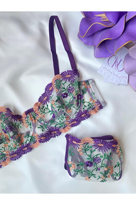 Mor Floral Bralet Takımı