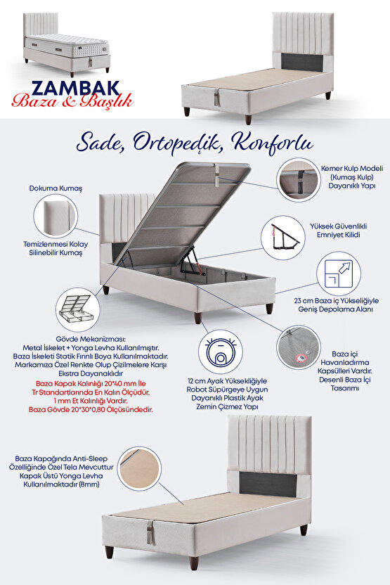 Zambak Tek Kişilik Sandıklı Baza + Full Ortopedik Antibakteriyel Pedli Yatak + Başlık 3 lü Set