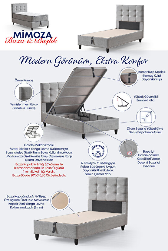 Mimoza Modeli Tek Kişilik Full Ortopedik Antibakteriyel Yataklı Baza ve Başlık Takımı 3 lü Set