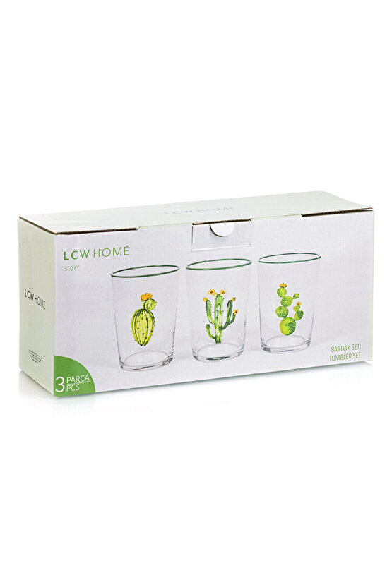 Kaktüs Baskılı Cam Bardak Seti 3lü - 510 Ml