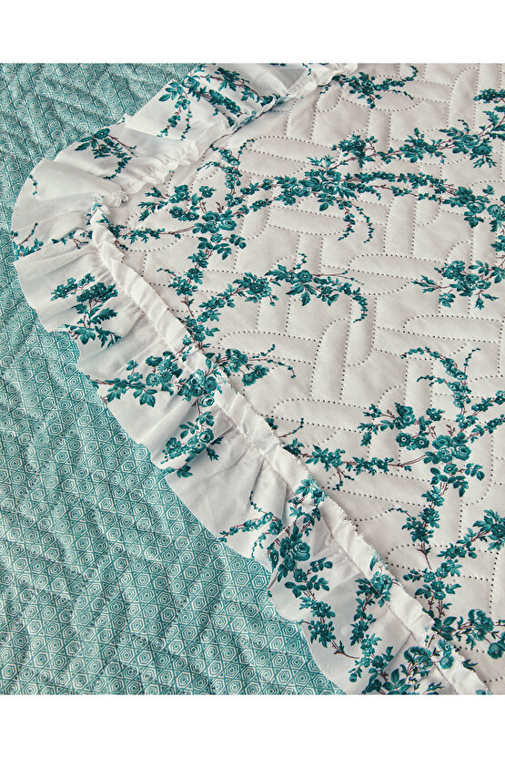 Scroll Flowers Çift Taraflı Tek Kişilik Yatak Örtüsü Takımı Yeşil