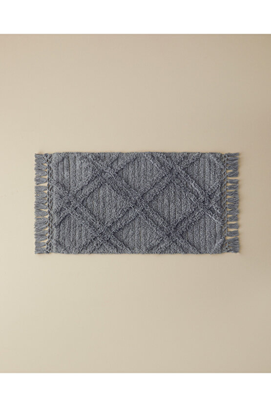 Tassel Check Pamuklu Püsküllü Banyo Paspası Gri