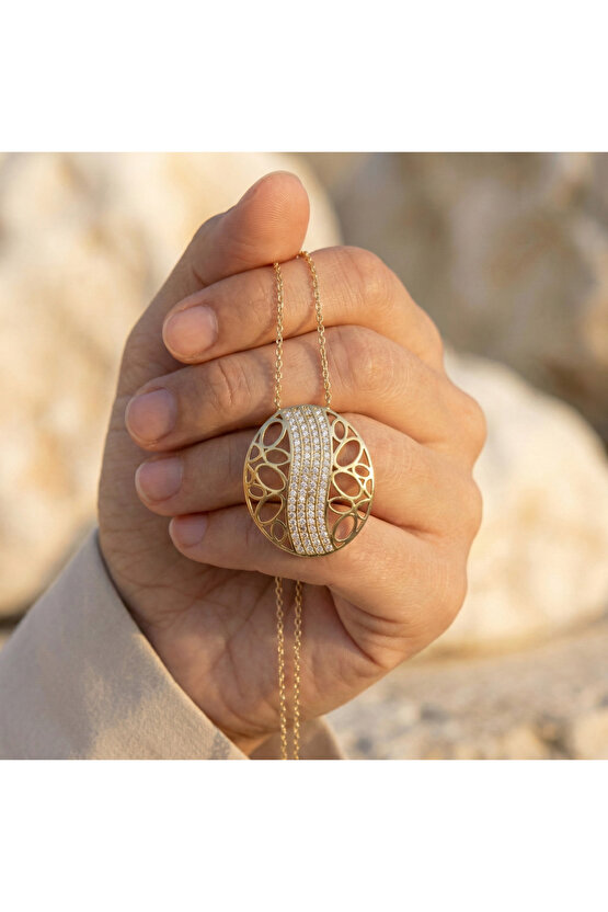 Kadın Gold Osmanlı Motif Oval Kolye