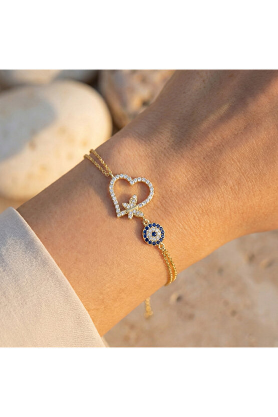 Taşlı Kelebekli Kalp Bileklik