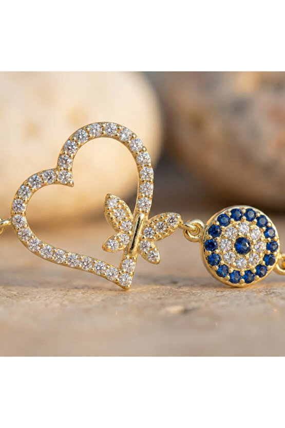 Taşlı Kelebekli Kalp Bileklik