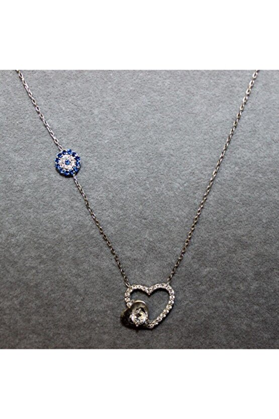 Tek Taşlı Çift Kalpli Kolye