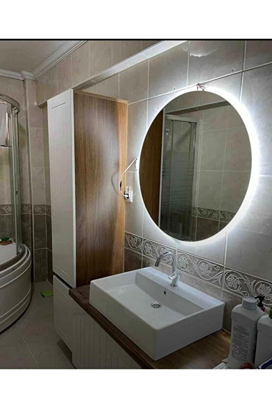 80 cm Beyaz Ledli Yuvarlak Banyo Aynası Makyaj Aynası Trafolu