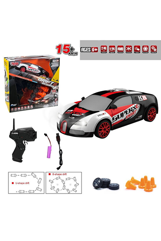 Oyuncak Uzaktan Kumandalı Aksesuarlı 2.4G Şarjlı 1:24 Drift Arabası 4x4 +4Yedek Tekerlek +15KmHız
