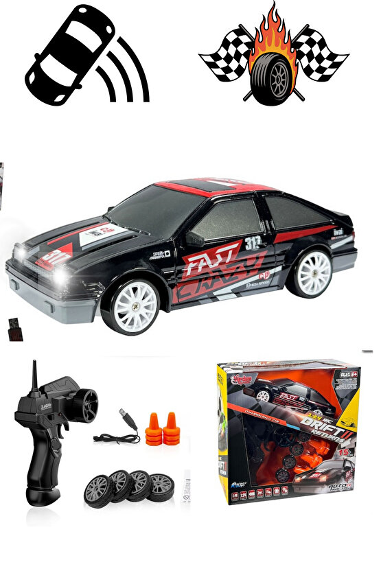 Oyuncak Uzaktan Kumandalı Aksesuarlı 2.4G Şarjlı 1:24 Drift Arabası 4x4 +4Yedek Tekerlek +15KmHız