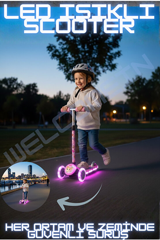 Yüksekliği Ayarlanabilen (67-73 Cm) Led Işıklı 3 Tekerli Scooter (Kask Dahil Değildir)