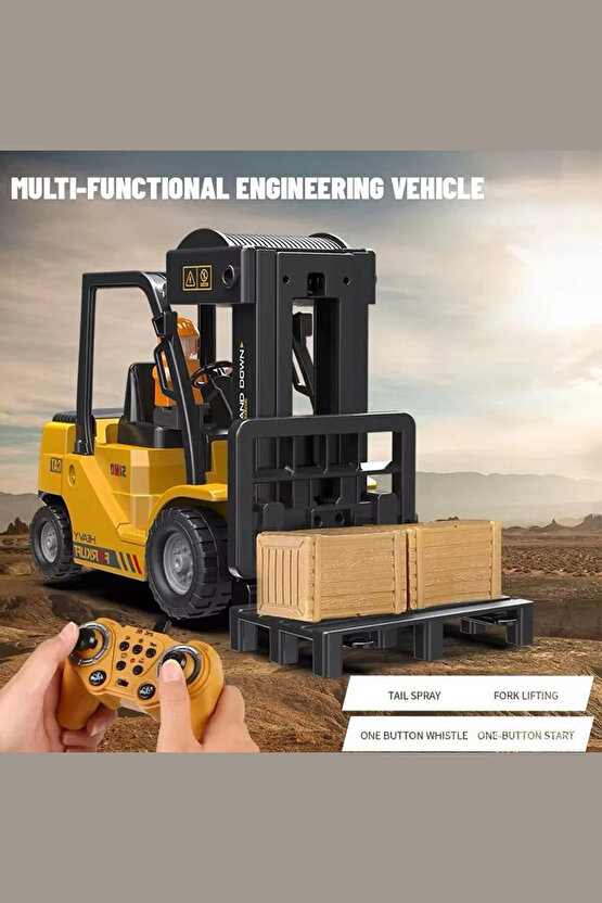 Oyuncak 12 Kanallı 2.4 Ghz Uzaktan Kumandalı Şarjlı Buhar Atan Forklift İş Makinası Koliler Dahil