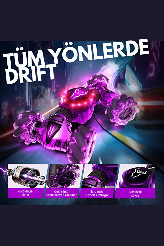 Oyuncak 2.4 GHz Bilekten ve Uzaktan Kumandalı Işıklı 4X4 Çift Kumandalı Akrobat Araba Şeffaf Model