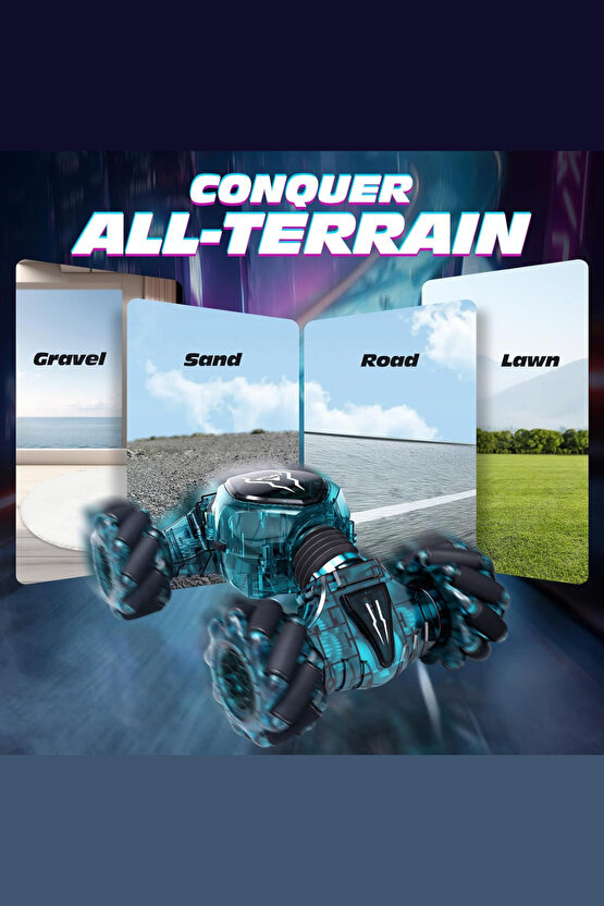 Oyuncak 2.4 GHz Bilekten ve Uzaktan Kumandalı Işıklı 4X4 Çift Kumandalı Akrobat Araba Şeffaf Model