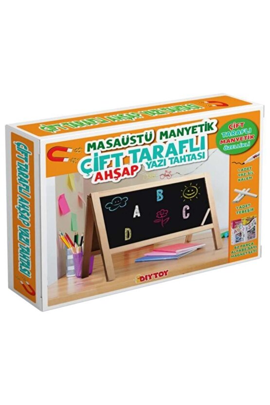 Masa Üstü Manyetik Çift Taraflı Ahşap Çocuk Yazı Tahtası (62 parça magnet set hediyeli)