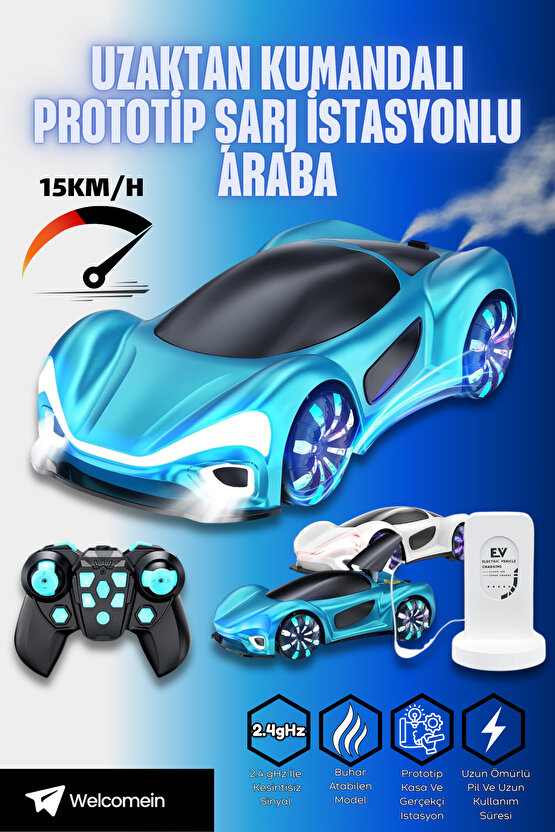 1:24 Uzaktan Kumandalı 2.4G Şarjlı Işık Müzik Spor Araba Şarj İstasyonlu Elektrikli Prototip Araba