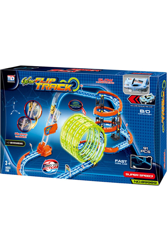 Oyuncak Şarjlı Kendin Yap Çılgın 360 Derece Neon Renkli Parkur Süper Hızlı Araba