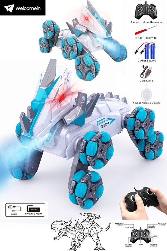 Uzaktan Kumandalı Full Fonksiyon Şarjlı 2,4G 8 Teker Buhar Atan Dinozor Kamyonet Stunt Araba +3