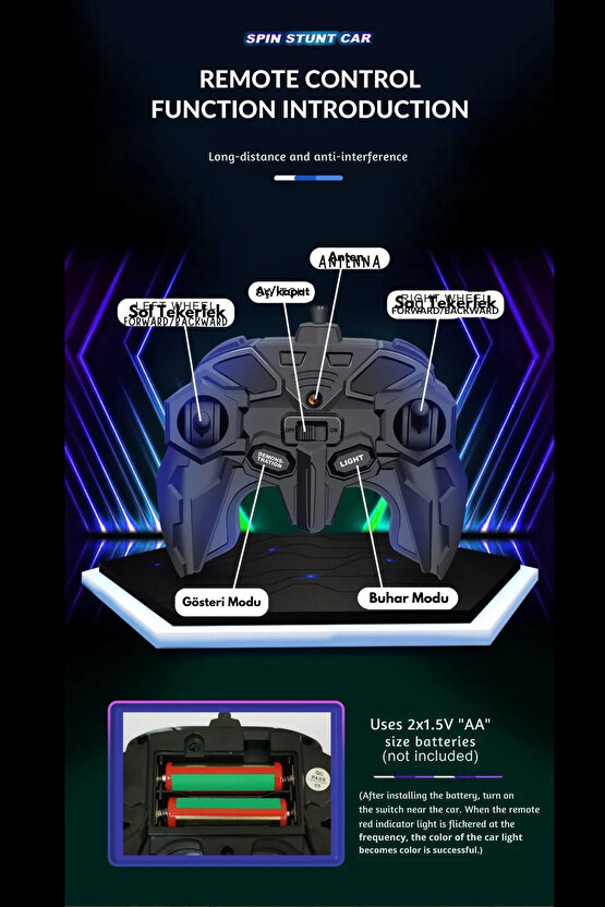 Uzaktan Kumandalı 4x4 Full Fonksiyon Şarjlı Işıklı Buharlı Spin 360 Derece Dönen Akrobat Araba