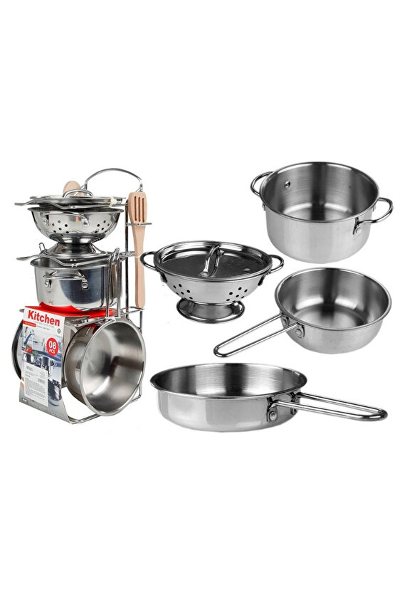 Oyuncak 8 Parça Raflı Standlı Çelik Tencere Tava Seti