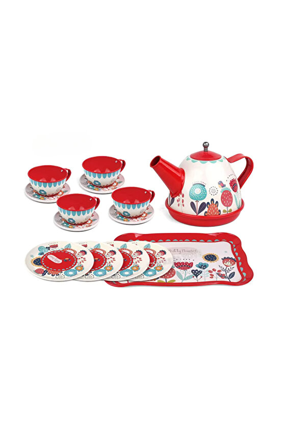 Oyuncak Evcilik Oyunu Aktivite 15 Parça Çiçekli Renkli Metal Çay Seti