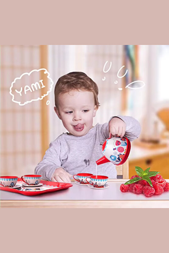 Oyuncak Evcilik Oyunu Aktivite 15 Parça Çiçekli Renkli Metal Çay Seti