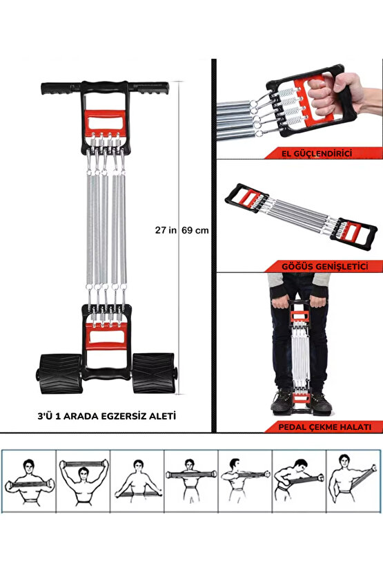 El Ayak Göğüs Yayı Çelik Yay Spor Aleti 3ü 1 Arada Ayarlanabilir Yay Biceps Curl