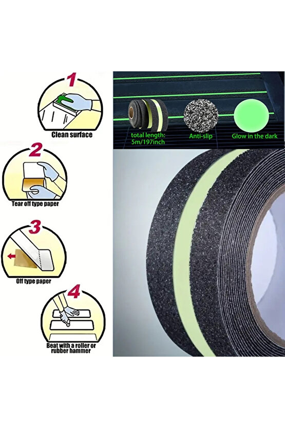 Fosforlu Kaydırmaz Bant 50mm x 5mt Yeşil Fosforlu Merdiven Bandı 50mm Fotolümenli
