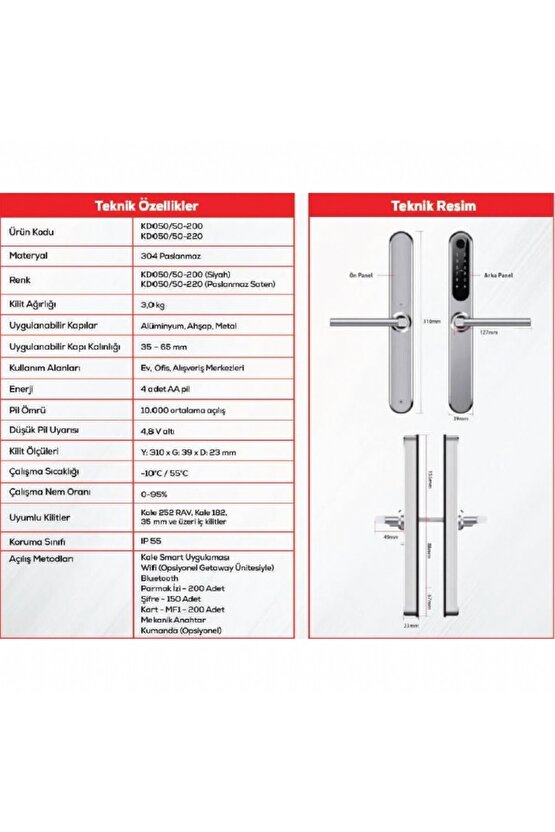 KD05050-200 Elektronik Kapı Kolu Kilidi - Şifreli, Parmak İzli, Kartlı
