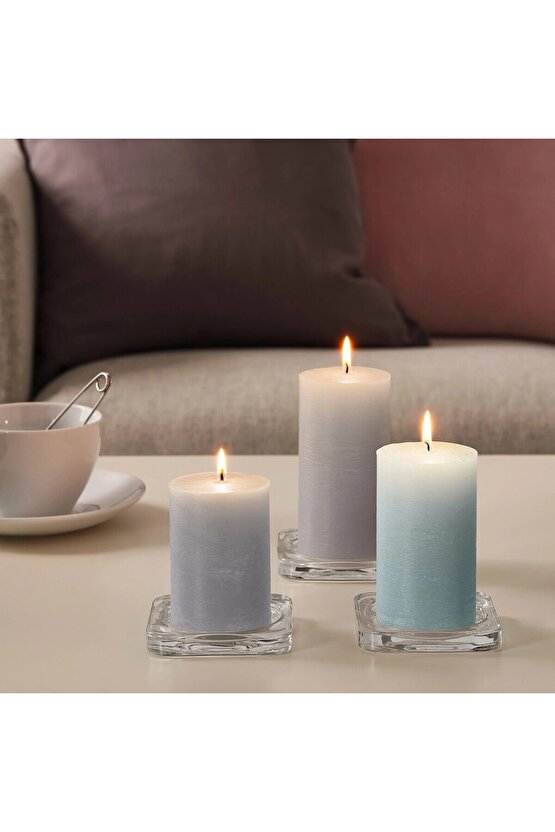 3 Adet Blok Mum ve Tabağı 10x10x1,5 Cm 3lü Set Şeffaf Cam Mumluk Mum Altlığı