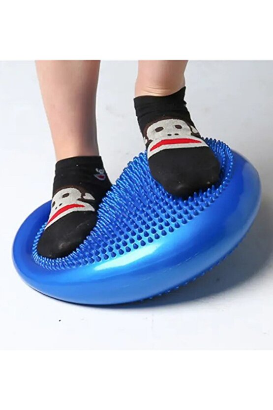 Dikenli Havalı Denge Minderi Mavi, Tırtıklı Denge Pedi 35 cm (POMPA DAHİL)