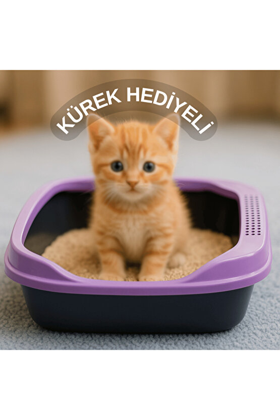 Kedi Tuvaleti Kürek Hediyeli Kedi Köpek Eğitim Tuvaleti Büyük Boy Tuvalet Kabı Mor Kedi Tuvalet Seti