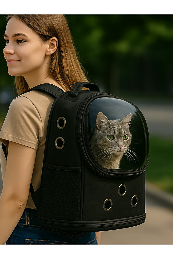 Yıkanabilir Şeffaf Kedi ve Köpek Taşıma Çantası 7 Hava Kanalı Fileli Ceplerle Pratik Kullanım Siyah