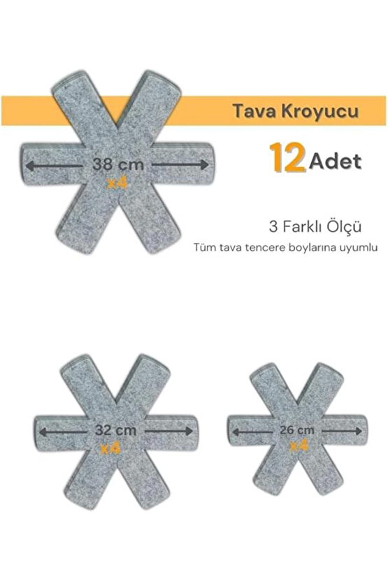 Beylini 12 Li Set Tencere Tava Koruyucu Borcam Çizdirmez Keçe Düzenleyici (Gri)