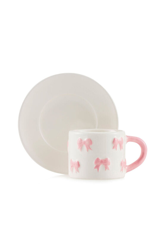 Pembe Fiyonk BaskıIı 2 Kişilik Seramik Kahve Fincan Takımı 100 ml