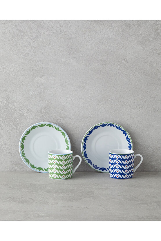 Nixie Porselen 4 Parça 2 Kişilik Kahve Fincan Takımı 80 ml Yeşil-Mavi