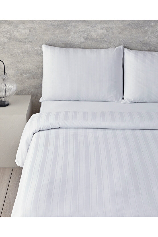 Lior Çizgili Pamuk Saten Çift Kişilik Nevresim Takımı 200x220 cm Beyaz