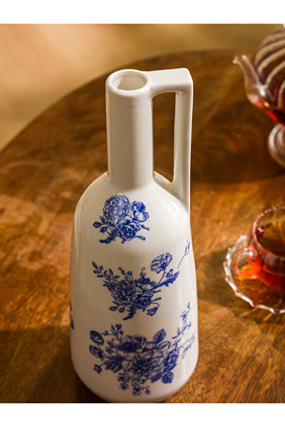 Mavi Çiçek Baskılı Seramik Vazo - 29 cm