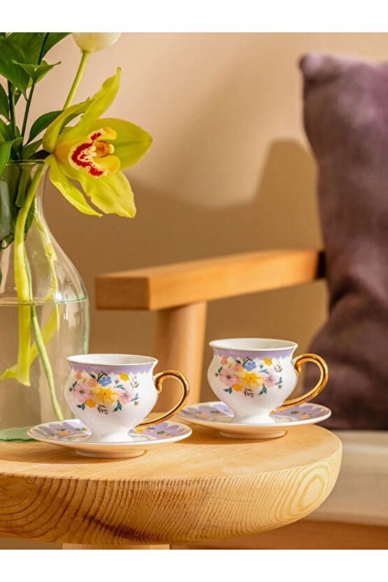 Desenli Porselen Kahve Fincan Takımı 2li 90 M Çiçek Desenli Lila