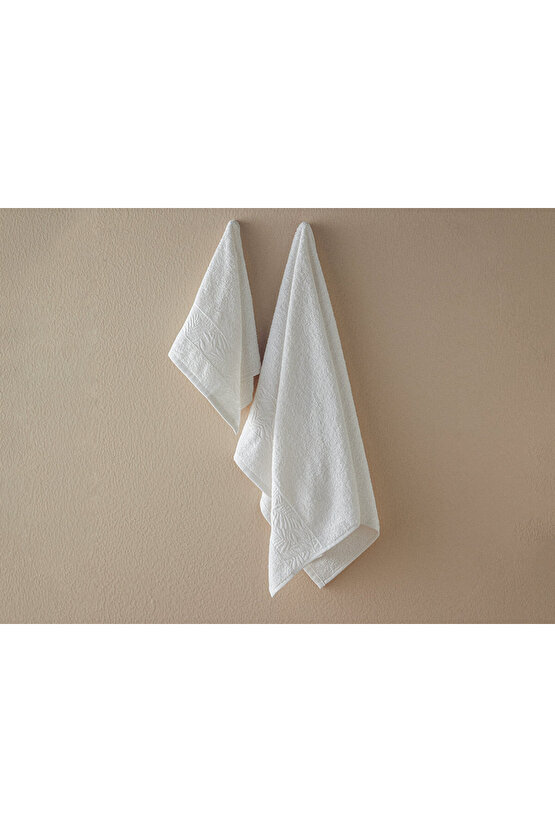 Branch Pamuklu Jakarlı Yüz Havlusu Seti 50x80+30x45 Cm Ekru