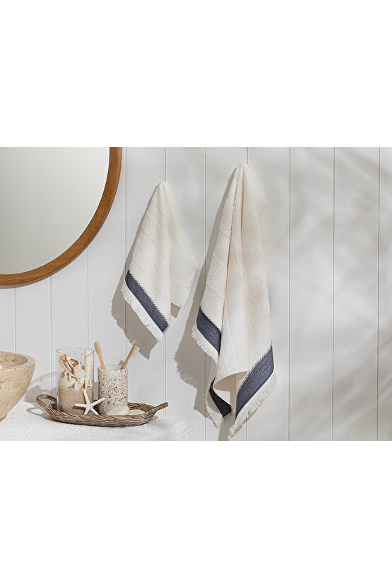 Lucina Pamuklu Saçaklı El Havlusu 30x40 Cm Ekru-lacivert