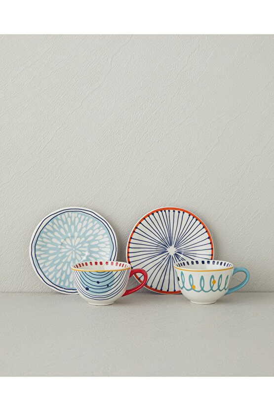 Coachella Mix Stoneware 4 Parça 2 Kişilik Kahve Fincan Takımı Mavi-Terracotta