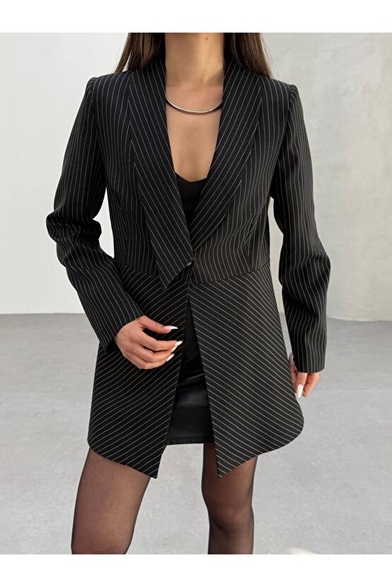 Şal Yaka Çizgili Blazer Ceket Elbise