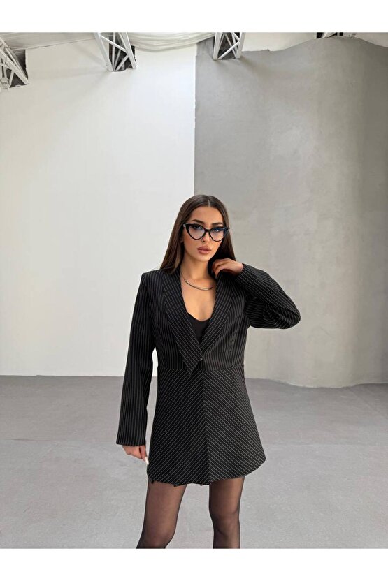 Şal Yaka Çizgili Blazer Ceket Elbise
