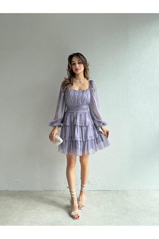 Kadın Kare Yaka Kat Etekli Transparan Kollu Mini Şifon Elbise