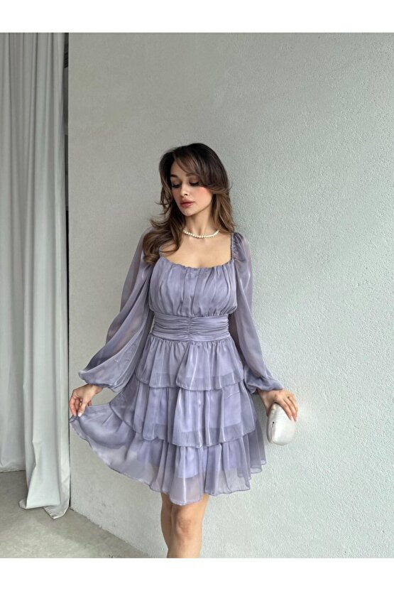 Kadın Kare Yaka Kat Etekli Transparan Kollu Mini Şifon Elbise