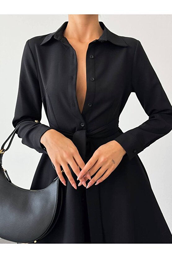 Kadın Kuşaklı Atlas Kumaş Mini Gömlek Elbise