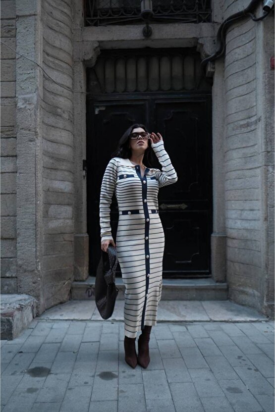 Kadın Çizgi Desen Maxi Triko Elbise