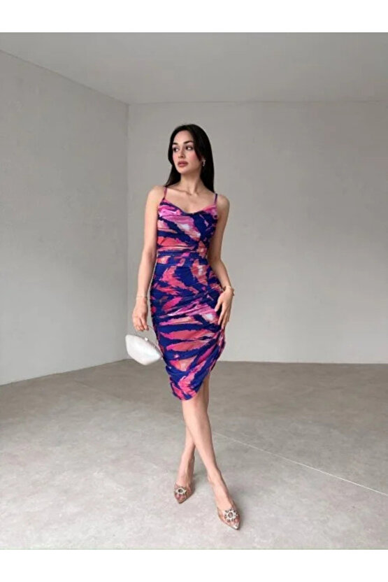 Askılı Drapeli Tül Kumaş Diz Altı Elbise