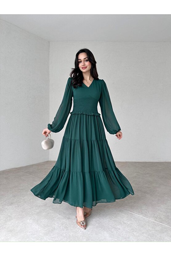 V Yaka Astarlı Beli Lastikli Şifon Kumaş Uzun Boy Yeşil Elbise
