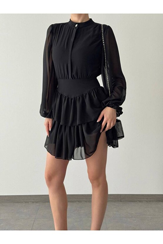 İnci Detay Korse Formlu Kat Etek Mini Boy Şifon Kumaş Siyah Elbise